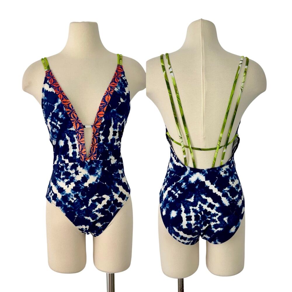 La Blanca Island Mix Plunge Strappy Mio One-Piece Swimsuit BlueWhite Tie-Dye 10